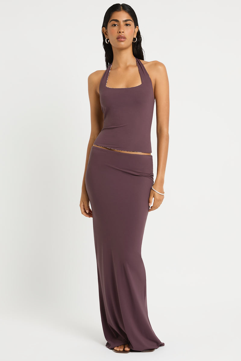 Freya Maxi Skirt in Fig - Giovanna Front, worn with Rhiannon Top in Fig