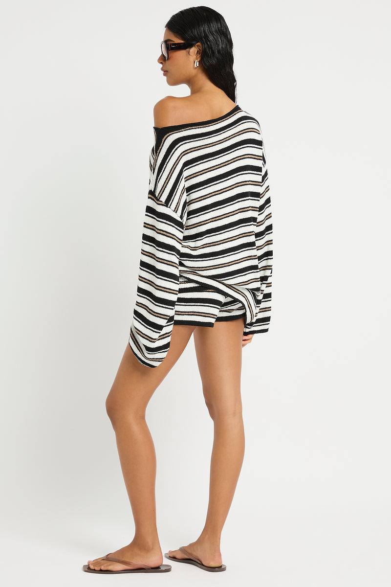 Charlie Long Sleeve Top in Black / Sandstone / White - Giovanna Detail Crop